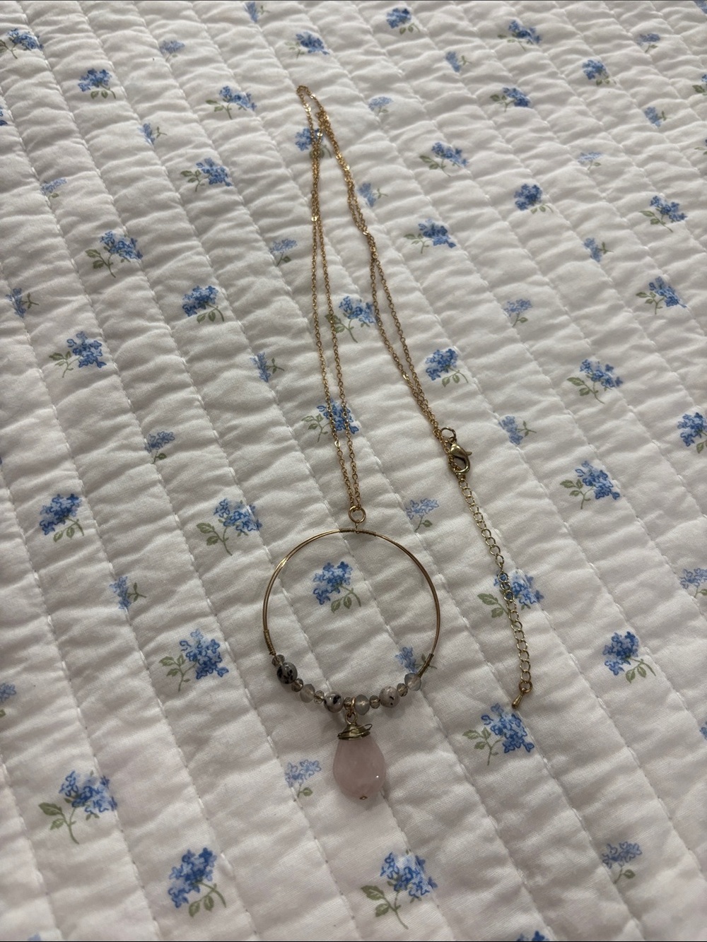 Gold-Tone Hoop Necklace with Pink Teardrop Pendant